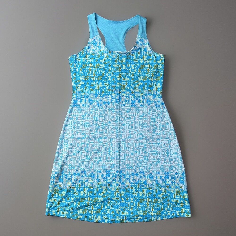 Columbia Wom Sz M Omni-Shade Omni-Wick Sleeveless Racerback Dress Blue Geo Print